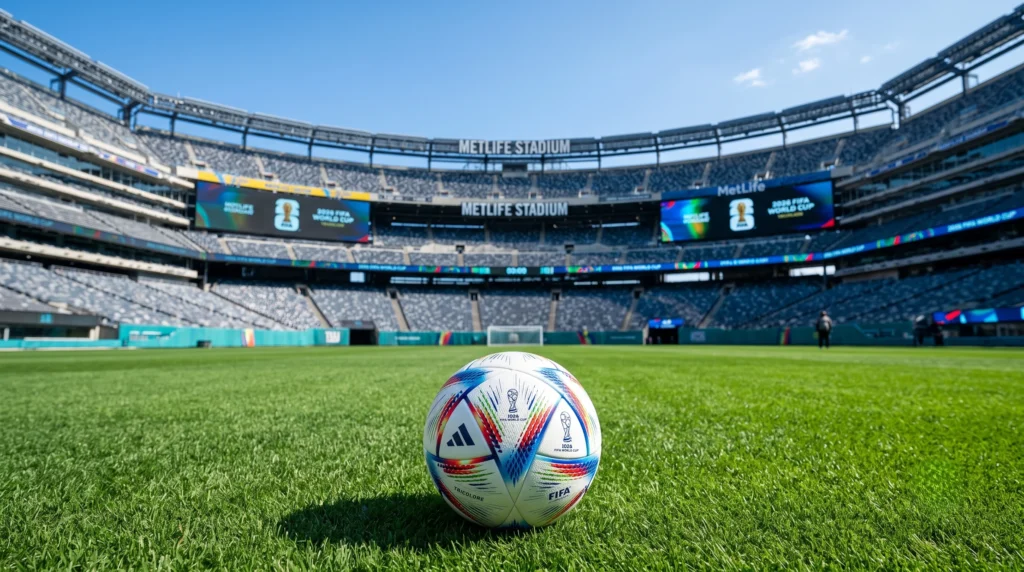 Balon oficial Adidas Trionda de la final de la copa del mundo 2026 sobre el cesped del MetLife Stadium