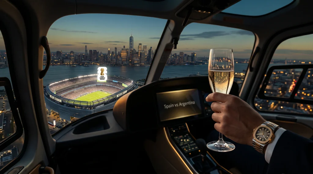 Vista desde helicoptero privado de la ruta de lujo para la final de la copa del mundo 2026 en Nueva York y Nueva Jersey