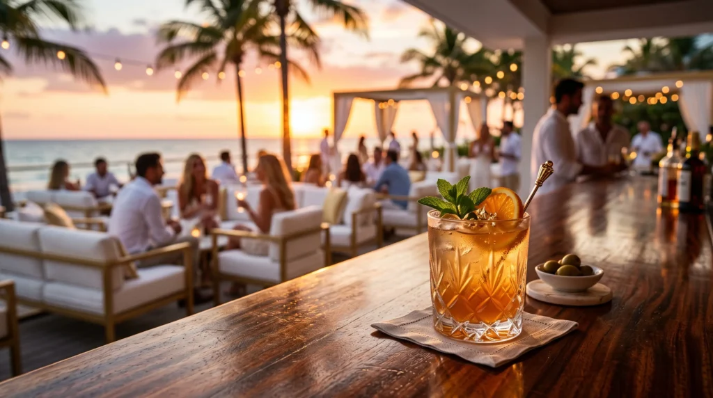 Activación de marca de lujo y cóctel premium en club de playa de Miami durante el Mundial 2026.