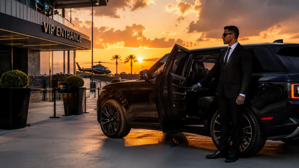 Servicio de chofer privado en SUV de lujo llegando a la entrada VIP del Hard Rock Stadium en Miami durante el Mundial 2026.